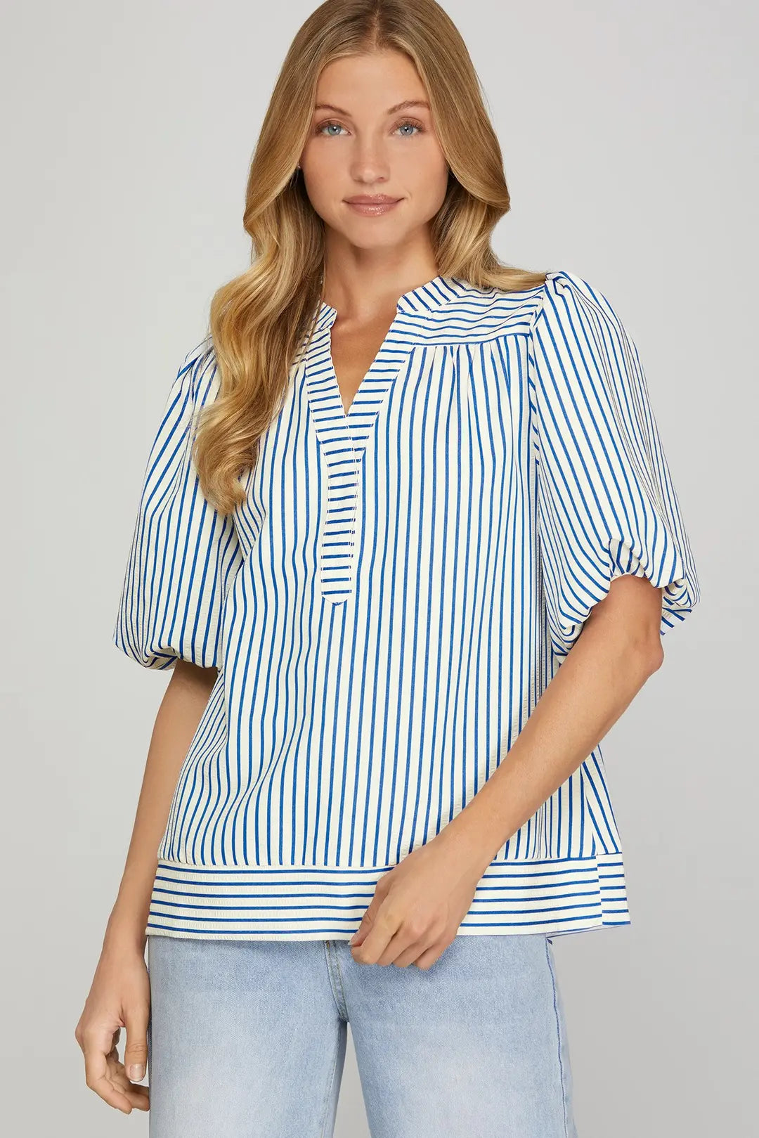 The Amanda Blue Striped Woven Top
