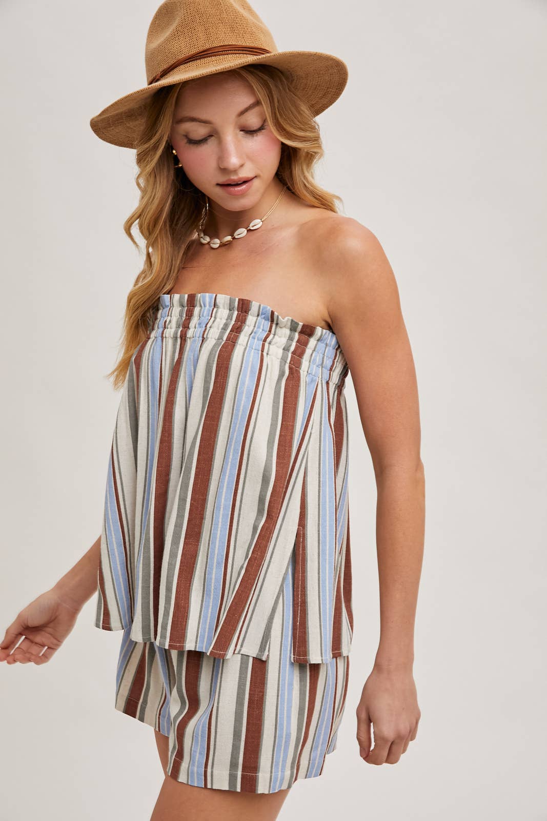 CORFU STRIPED SLEEVELESS SMOCKED TOP & SHORTS SET: NAVY COMBO / SMALL