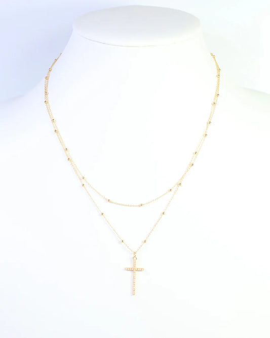 Kyla Pearl Cross Layered Necklace WR Gold