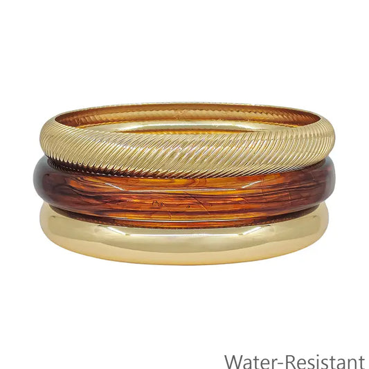 Water Resistant Set of 3 Acrylic Gold and Brown Bangles