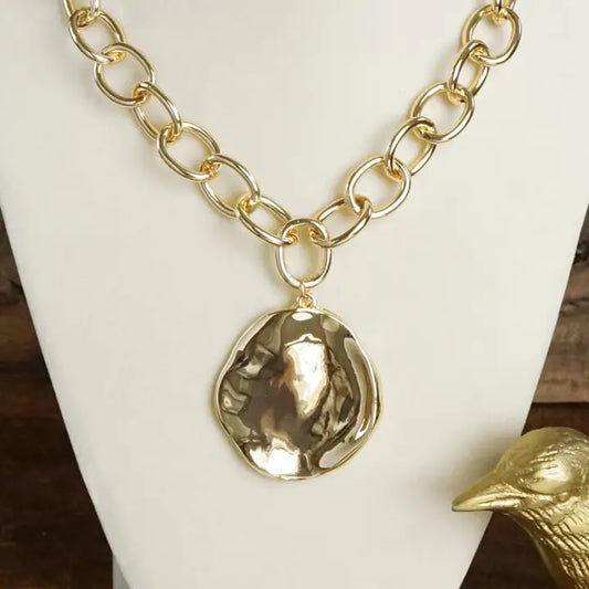 Gold Chunky Chain & Hammered Disc Statement Necklace