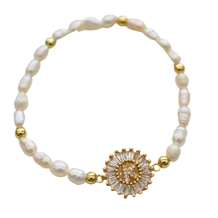 CZ Initial Stretch Pearl Bracelet