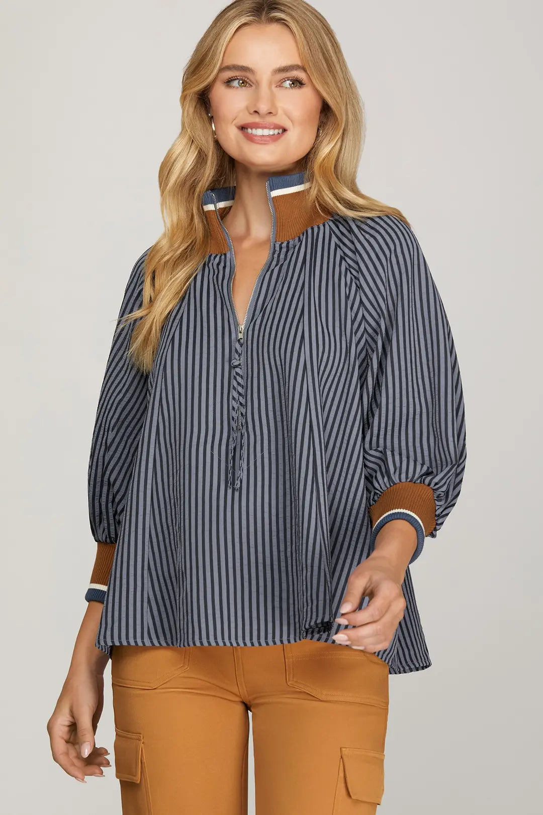 The Halee Half Zip Striped Top