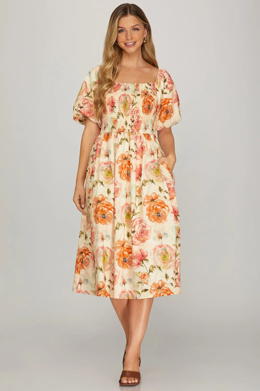 Rose Puff Sleeve Midi Dress