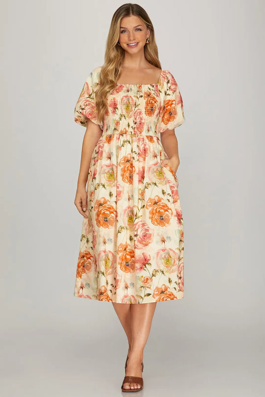 Rose Puff Sleeve Midi Dress