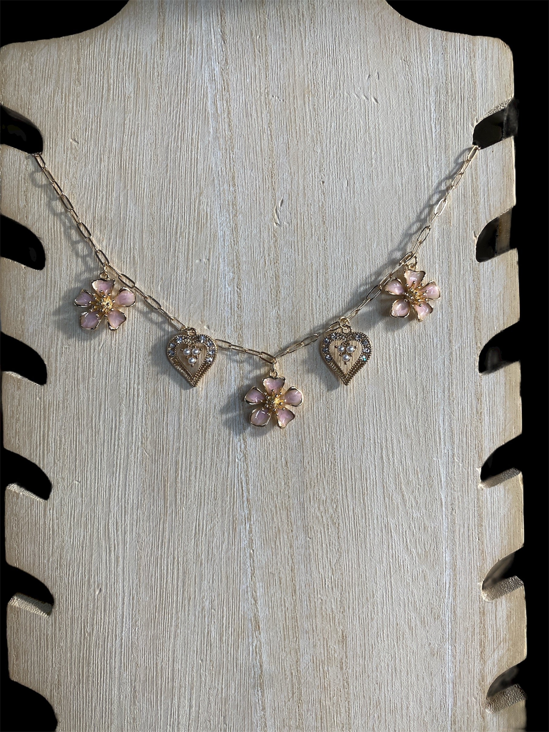 Pink Flower and Heart Gold Necklace