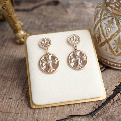 Faith & Relic – Cross Coin Dangle Earrings in Worn Gold or Silver