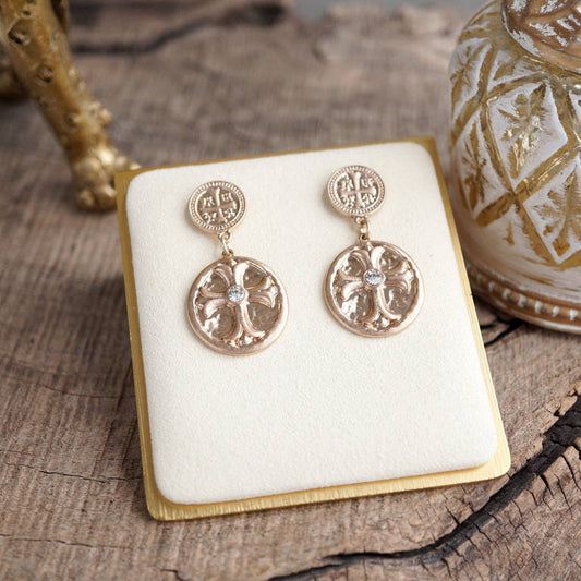 Faith & Relic – Cross Coin Dangle Earrings in Worn Gold or Silver