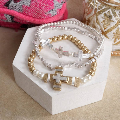 Faithful Trio – Boho Cross Stretch Bracelet Set