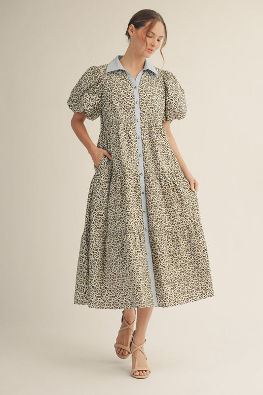 The Alessia Button Down Tiered Leopard Midi Dress