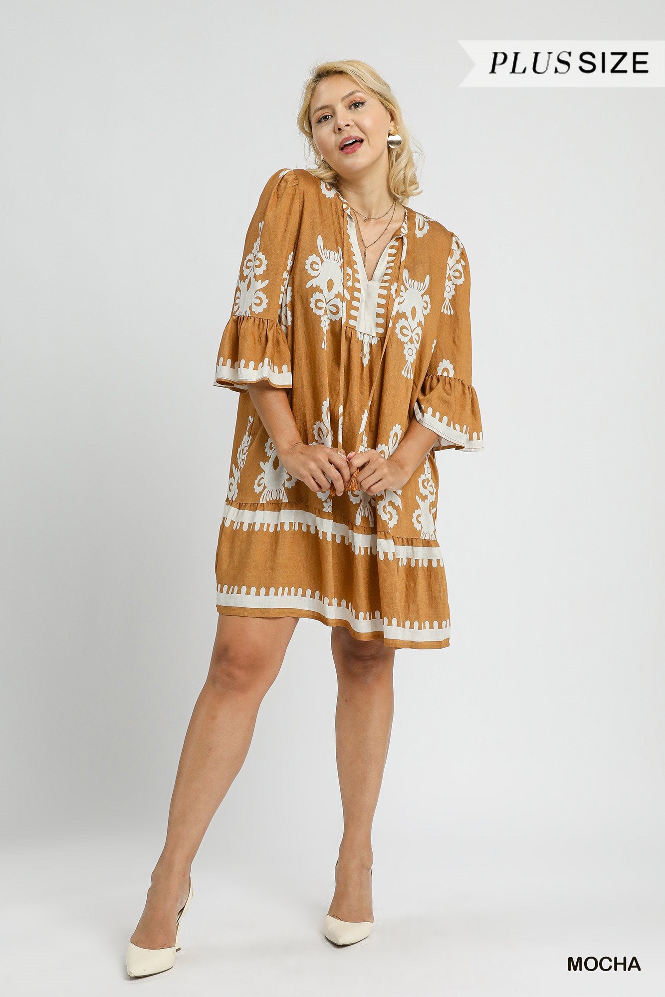 The Josephine Plus Mocha Two Tone Print Mini Dress
