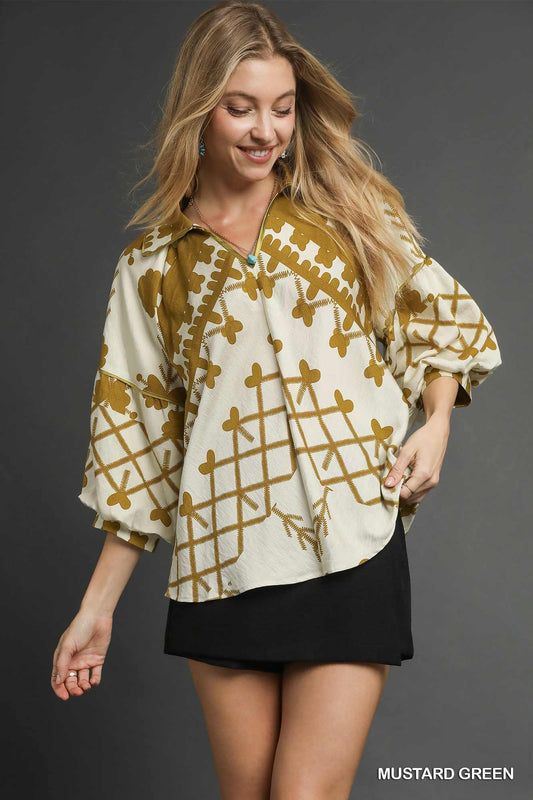 Mustard Green Boho Balloon Sleeve Top