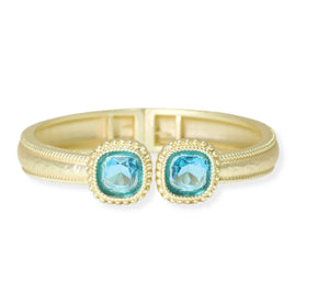 Gold/Aqua Cubic Zirconia Accent Designer Inspired Hinged Bracelet