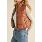 FAUX LEATHER HIGH NECK ZIP UP PUFFER VEST