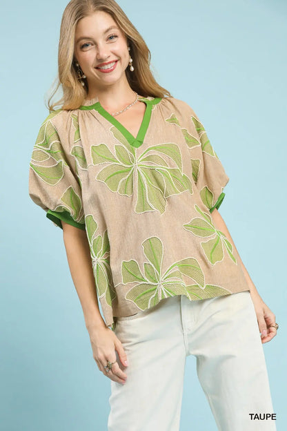 The Julie Taupe Embroidered V-Neck Top