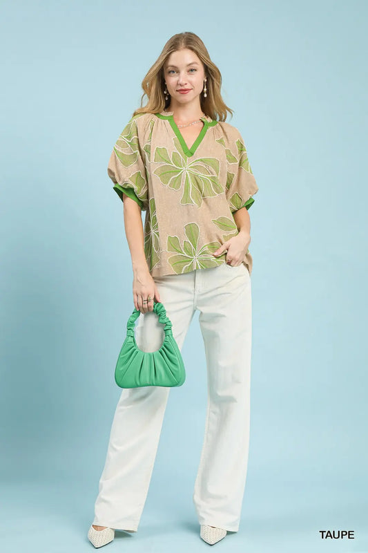 The Julie Taupe Embroidered V-Neck Top