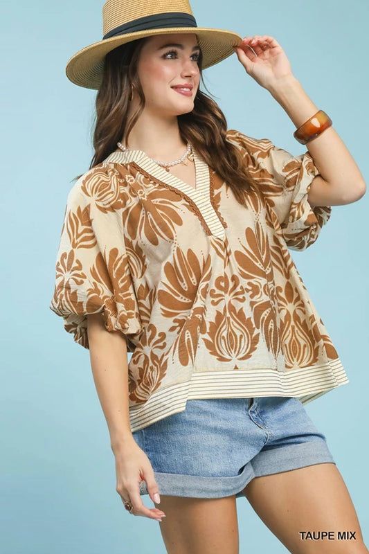 The Jessie Mix Printed Puff Sleeve Top with Contrast Trim