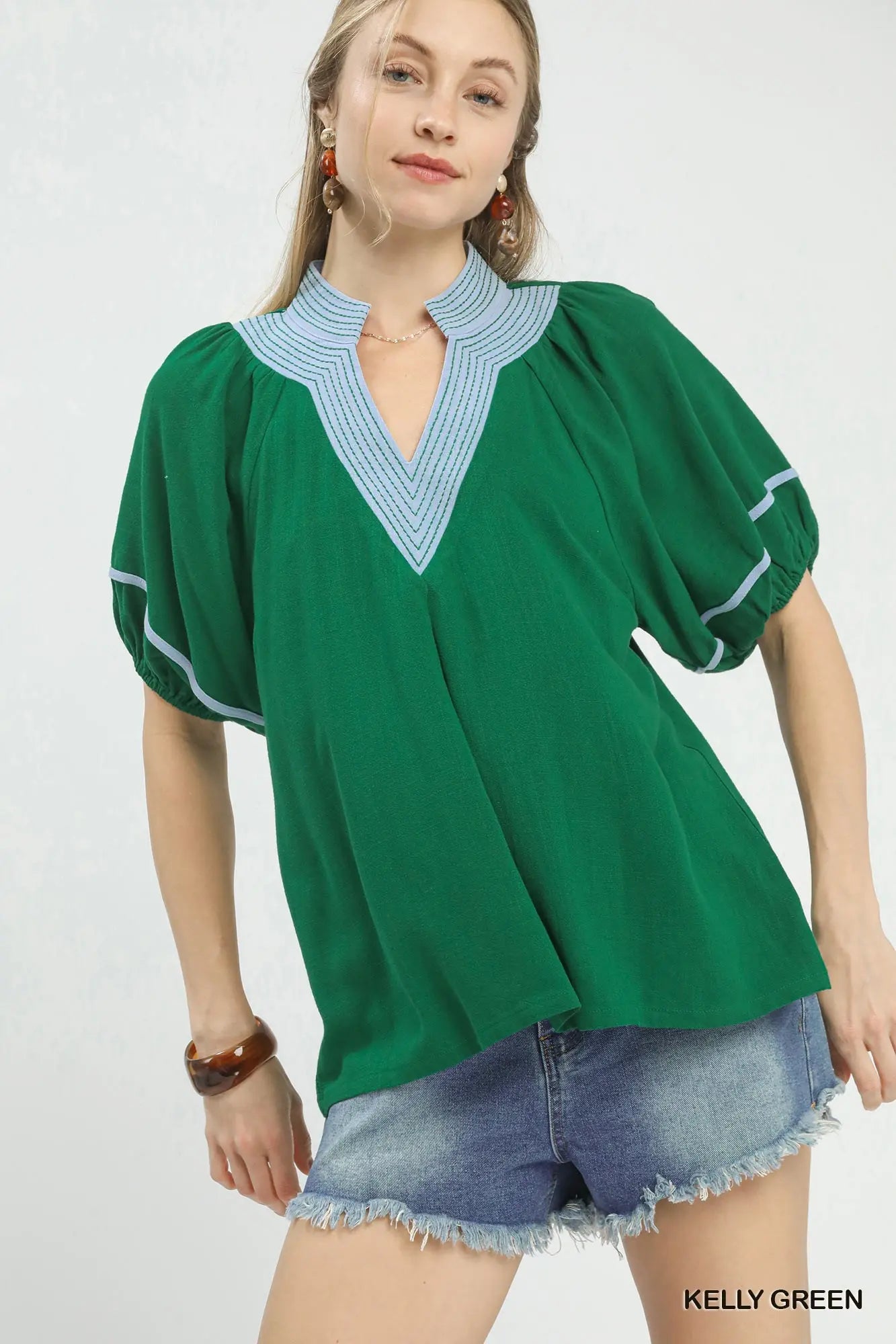 The Kerri Linen Puff Sleeve Contrast Trim Top