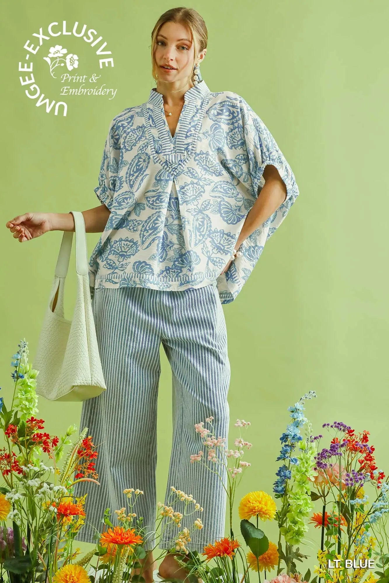 The Penny Botanical Print Mixed Trim Tunic Top