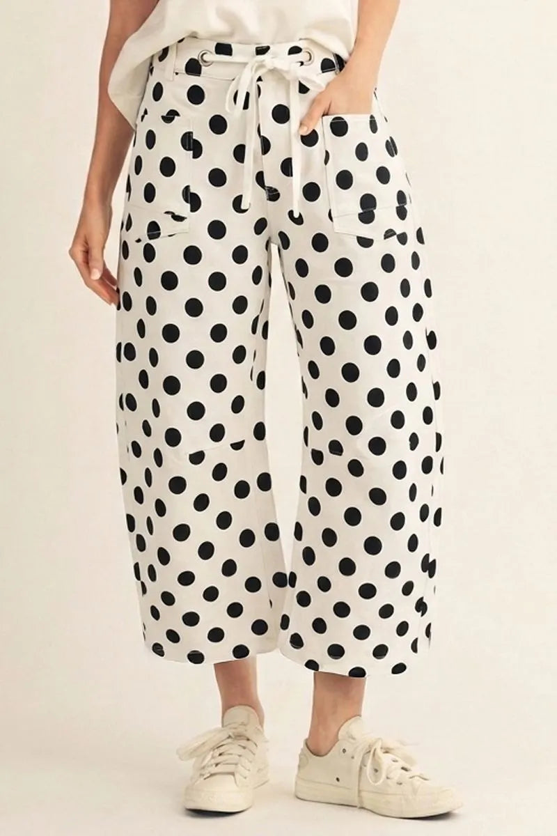 Off White Drawstring Polka Dot Barrel Pants