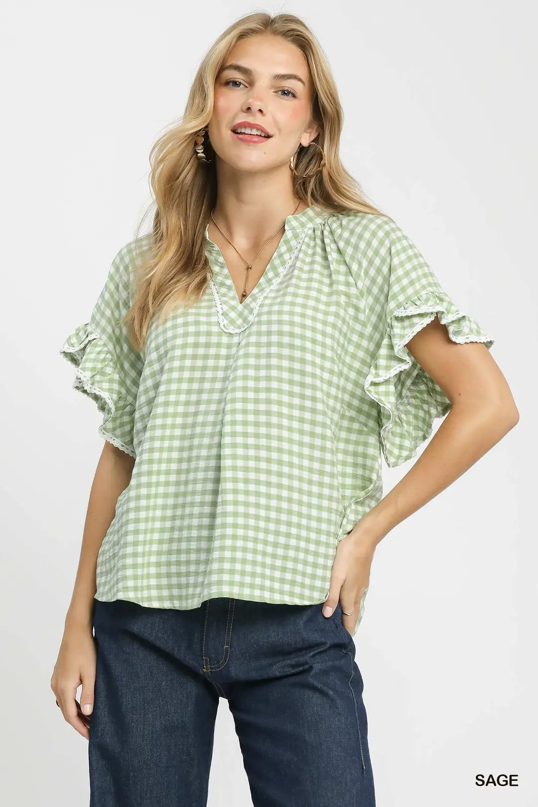 The Sage Gingham Ruffle Top