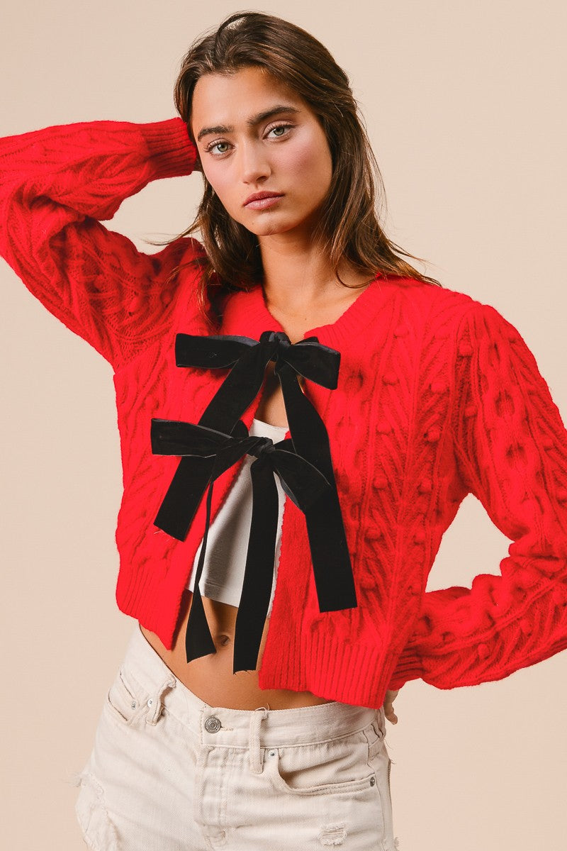 Cable Knit Contrast Bow Top