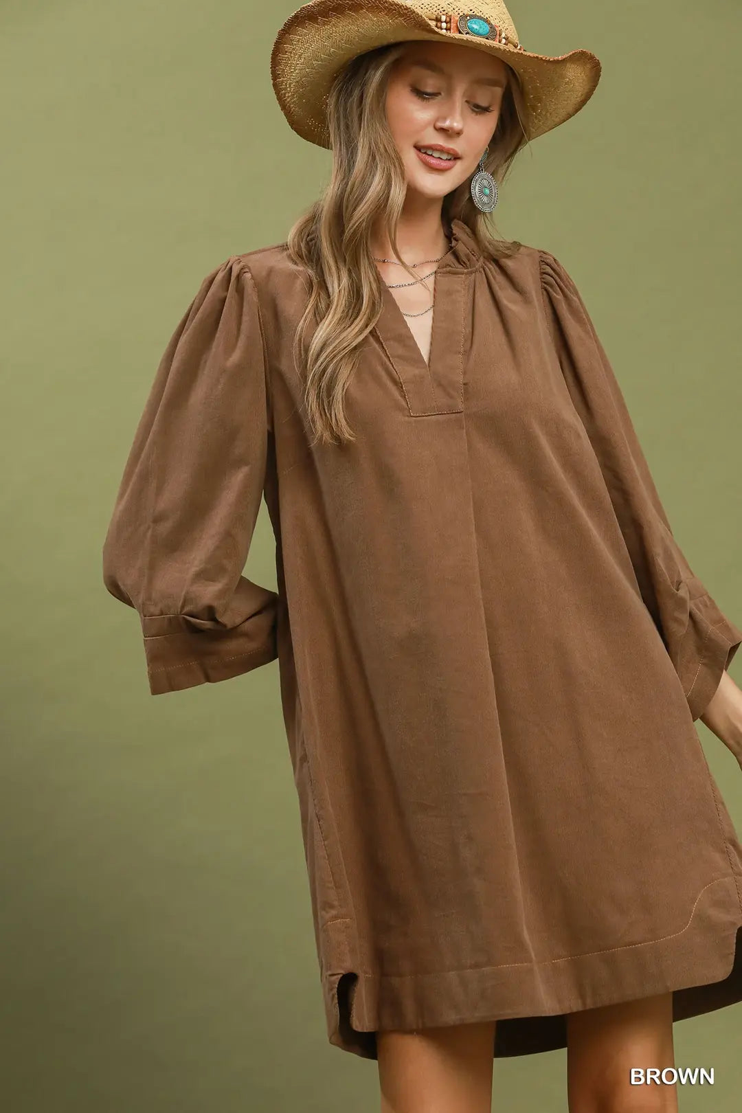 Corduroy Split Neck Puff Sleeve Shift Dress
