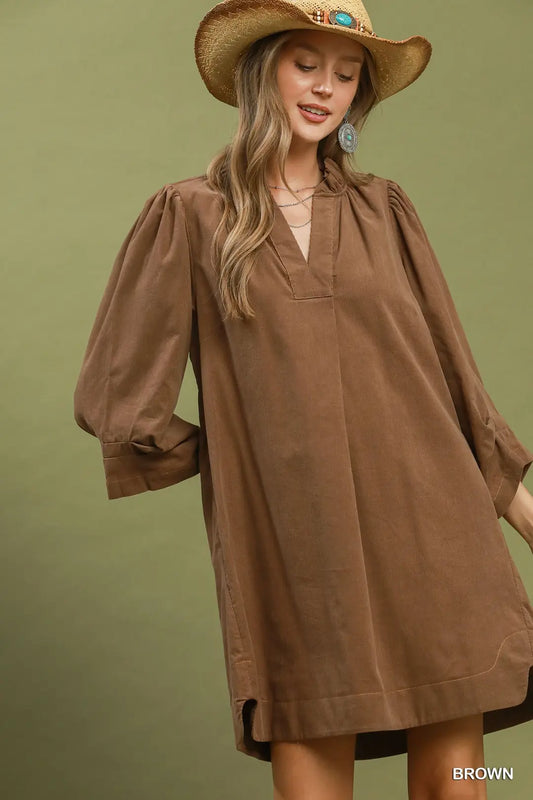 Corduroy Split Neck Puff Sleeve Shift Dress