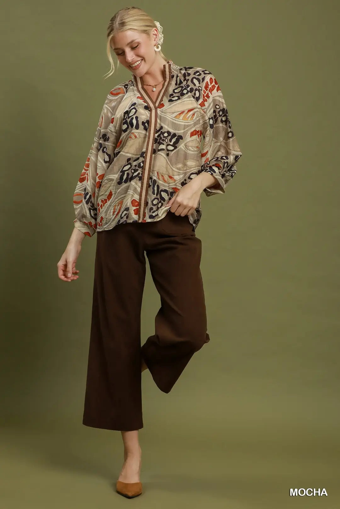Abstract Print Split Neck Blouse
