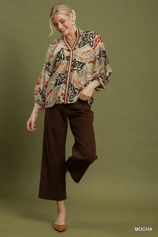 Abstract Print Split Neck Blouse