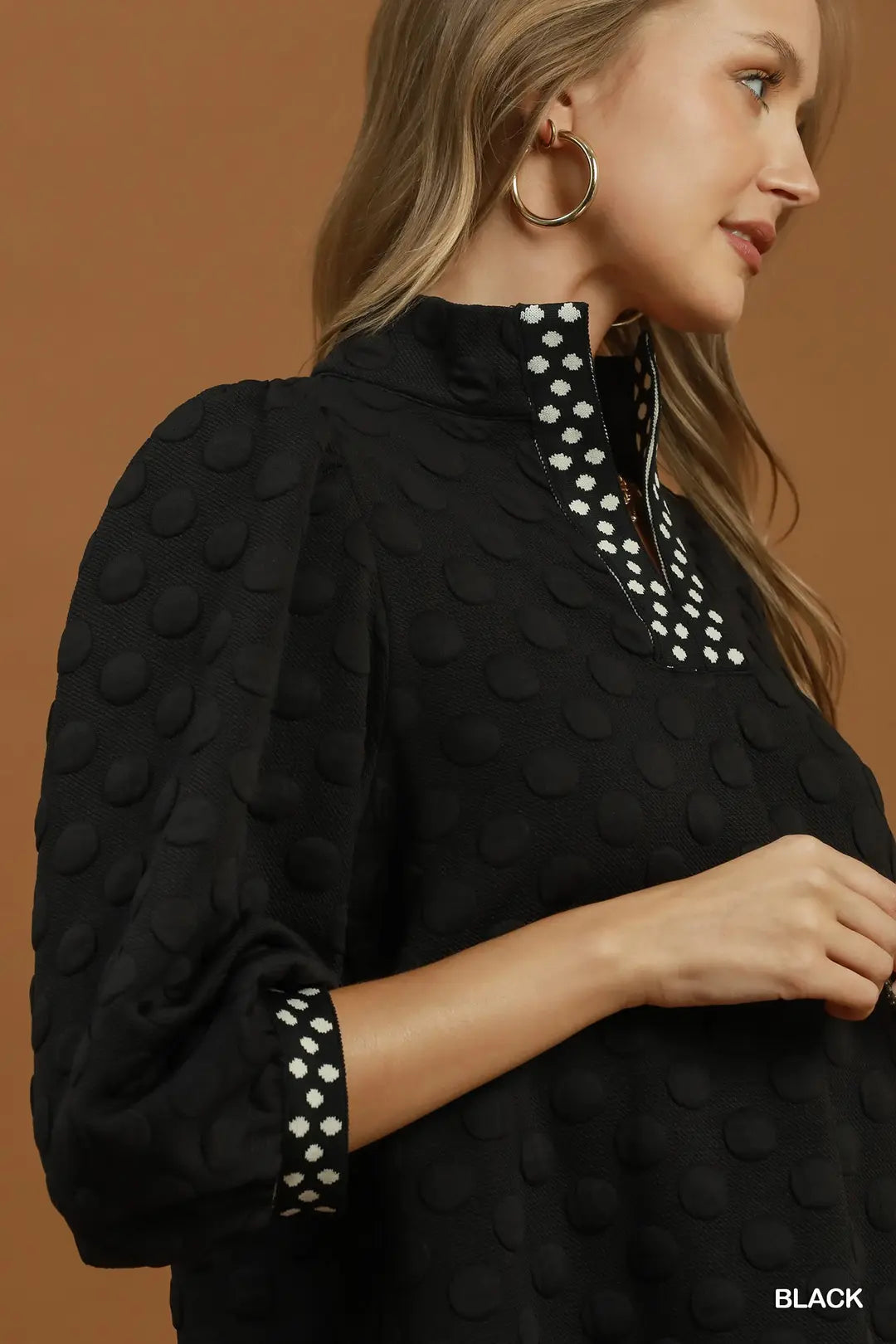 Jacquard Polka Dot Contrast Trim Top