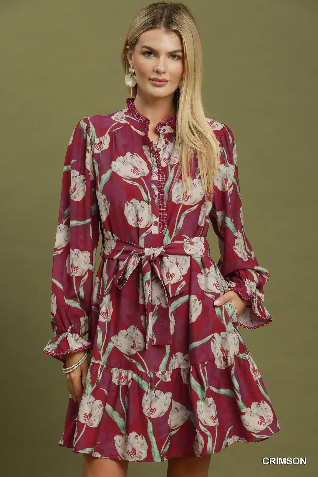 Tulip Floral Print Belted Tiered Mini Dress