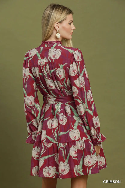 Tulip Floral Print Belted Tiered Mini Dress