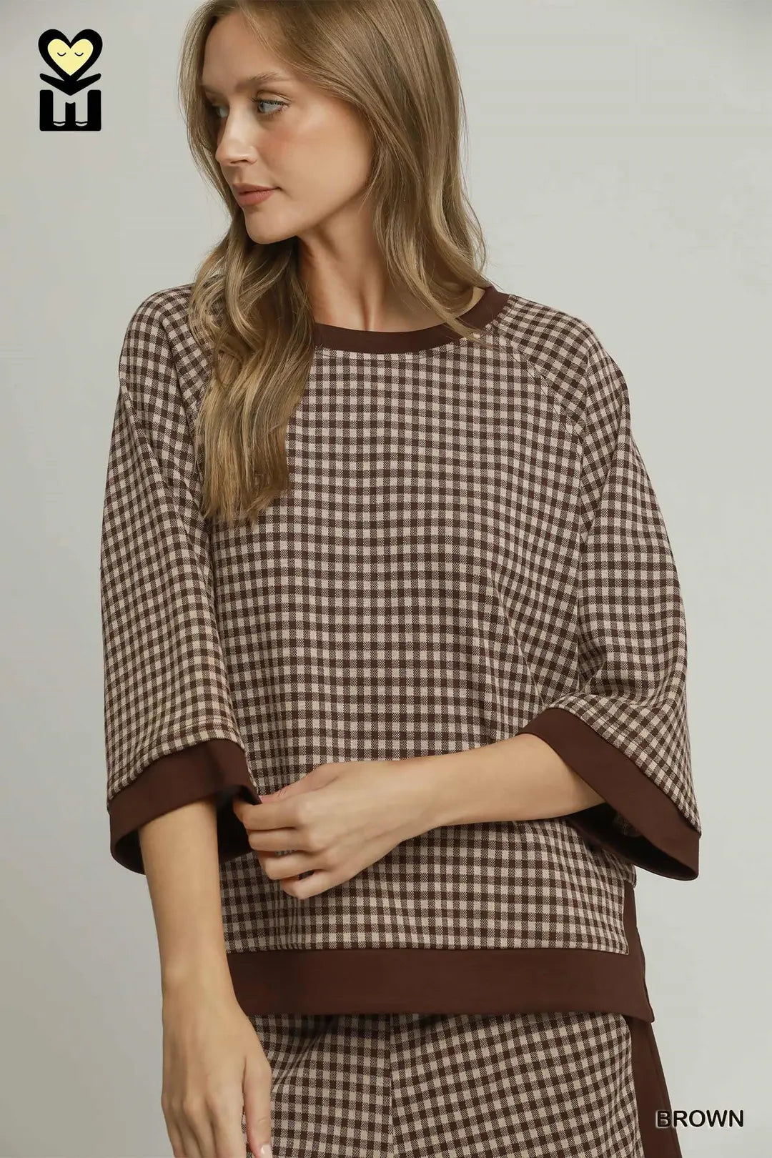 Gingham Print 3/4 Raglan Sleeve Top