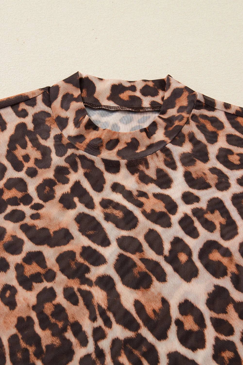 Brown Leopard Mock Neck Mesh Top