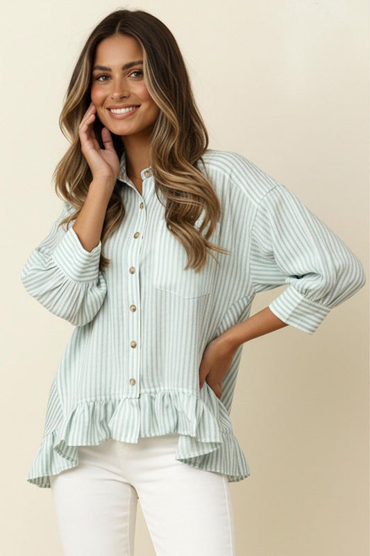 Sage Collared Ruffle Button Down