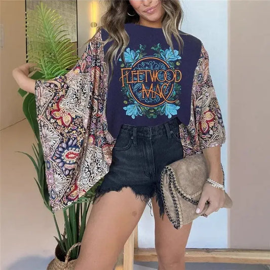 Printed Batwing Sleeve Fleetwood Mac Loose Top