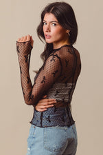 Umgee Ribbon Patterned Lace Top in Black