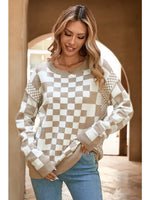 Checkered Print Drop Shoulder Round Neck Sweater