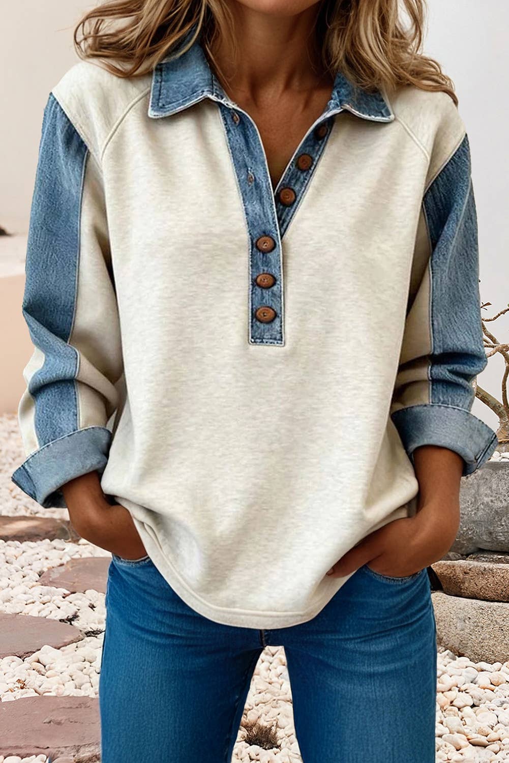LDC Denim Patchwork Buttoned Polo Collar Long Sleeve Top