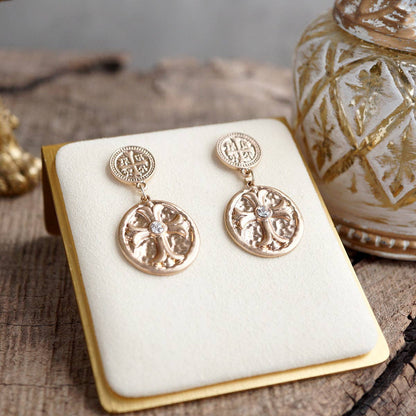 Faith & Relic – Cross Coin Dangle Earrings in Worn Gold or Silver