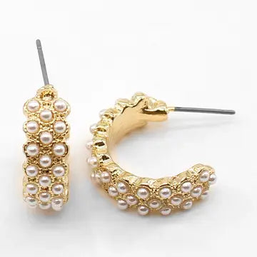 Gold with Small Studded Pearl Hoop Earrings