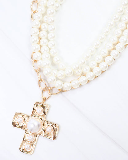 Dylan Pearl Cross Layered Necklace Gold: Default