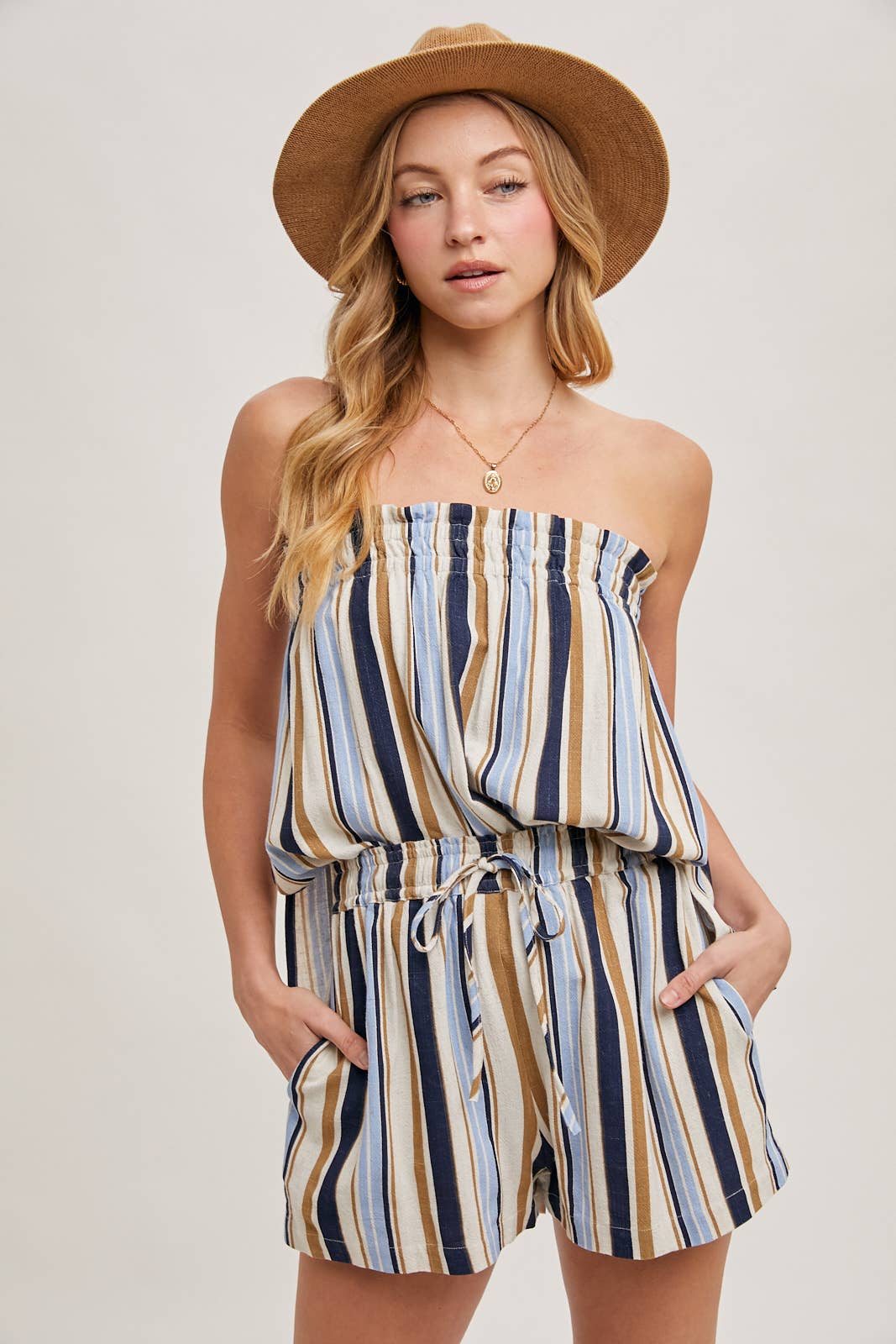 CORFU STRIPED SLEEVELESS SMOCKED TOP & SHORTS SET: NAVY COMBO / SMALL