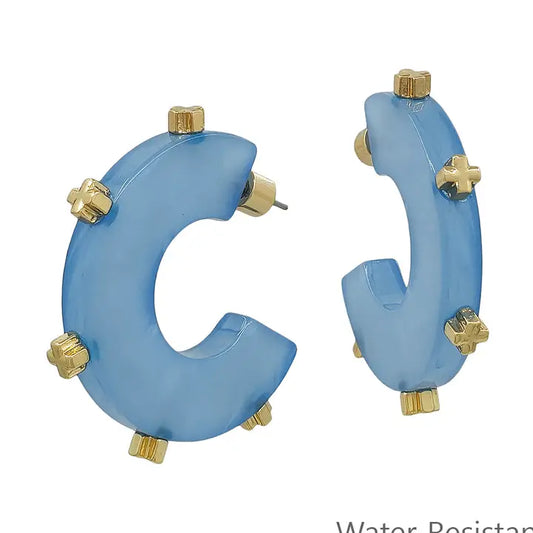 Water Resistant Blue Acrylic Hoop with Gold Studded 1.5" Earring