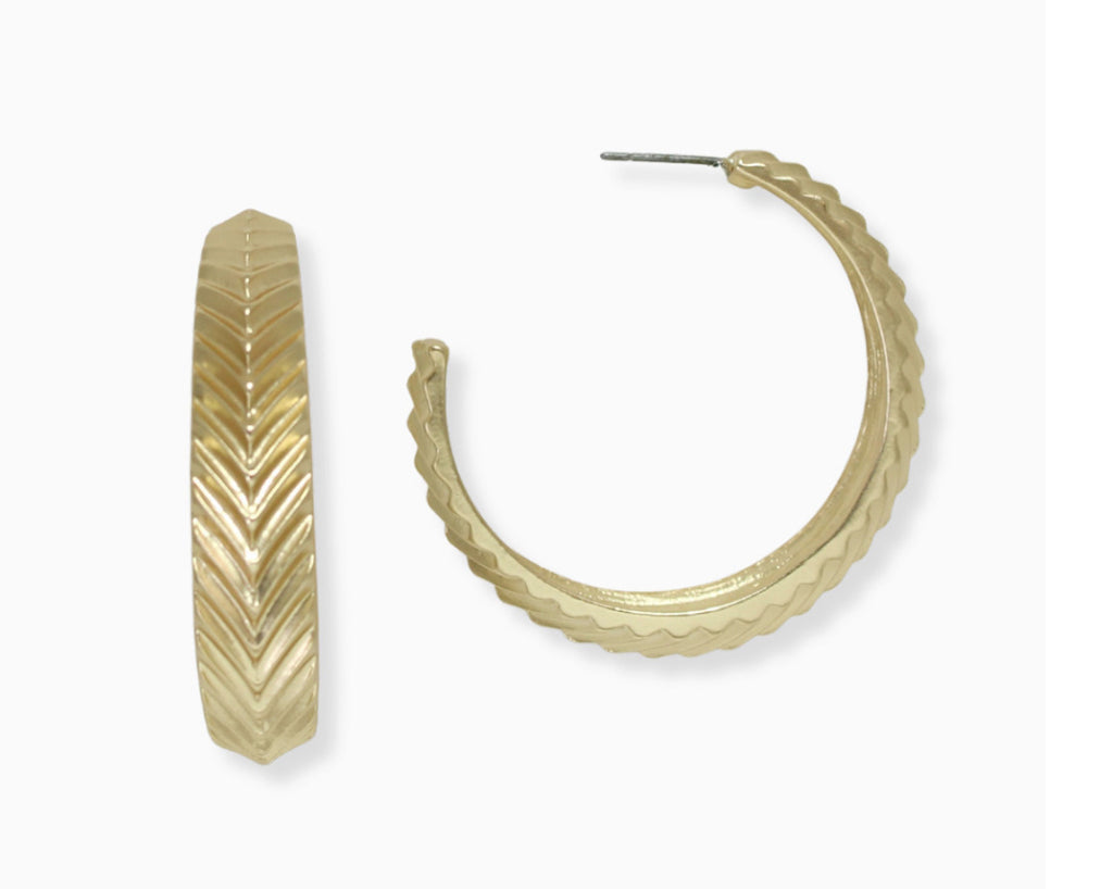 Gold Chevron Textured Hoop Earrings