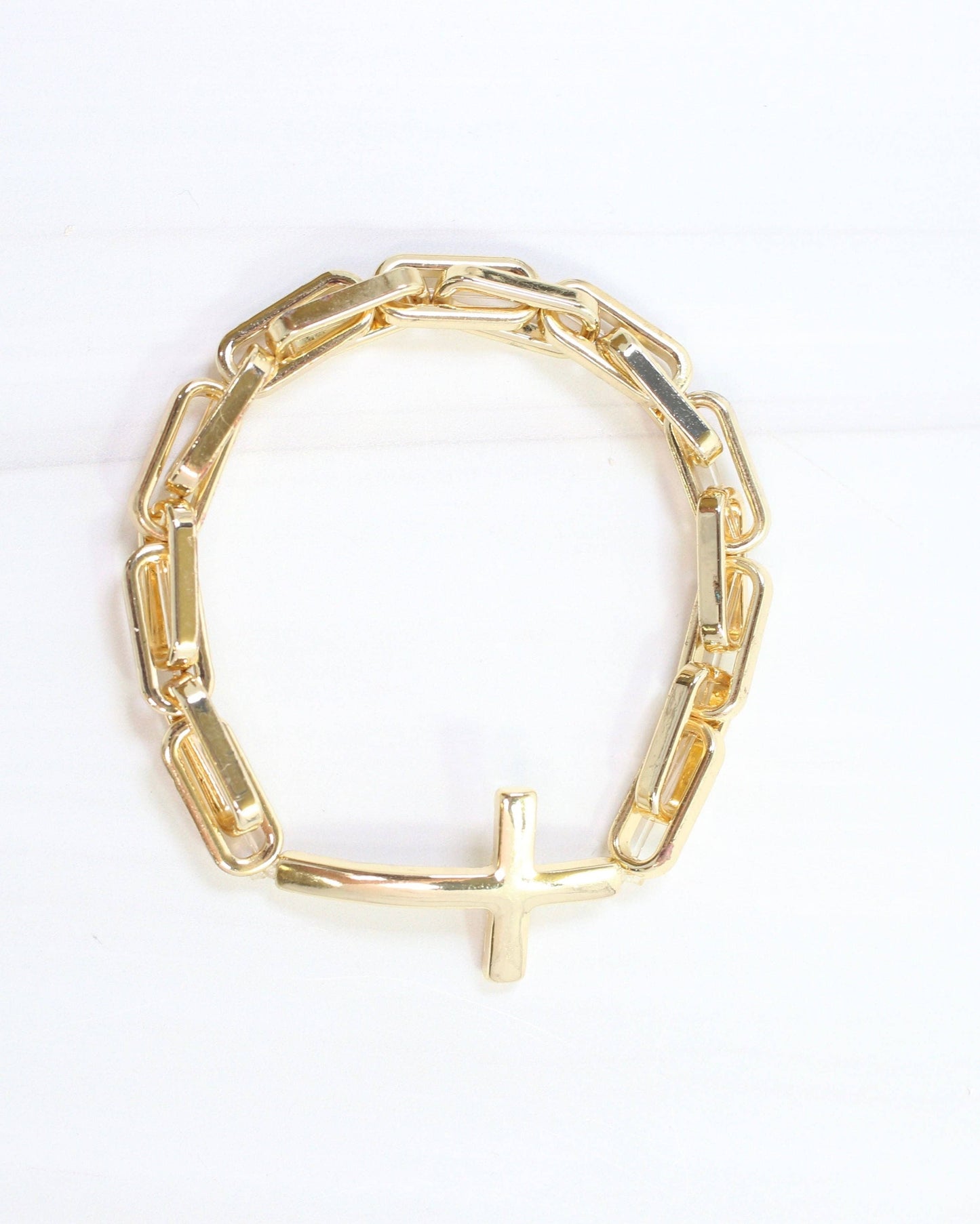 Amelia Link and Large Cross Stretch Bracelet Gold