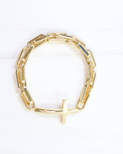 Amelia Link and Large Cross Stretch Bracelet Gold