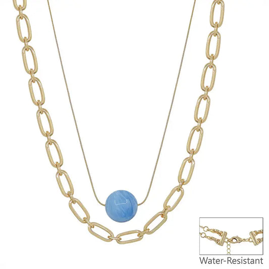 20mm Blue Acrylic Bead and Gold Chain Layered 16"-18" Necklace