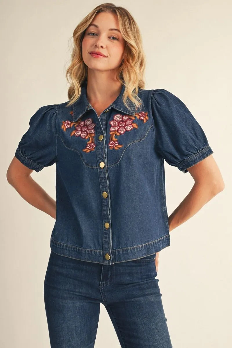 The Juniper Embroidered Denim Button Blouse